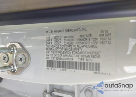 2016 Acura Rdx Technology Acurawatch Plus Packages/Technology Package from USA, damaged, VIN 5J8TB3H54GL001624